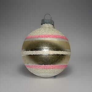 Vtg Shiny Brite Glass Ornament Pink White Striped Frosted Mica Retro Christmas